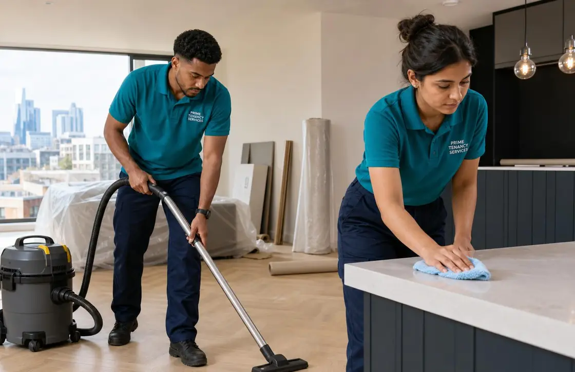 Prime Tenancy Services team removing renovation dust from a London property