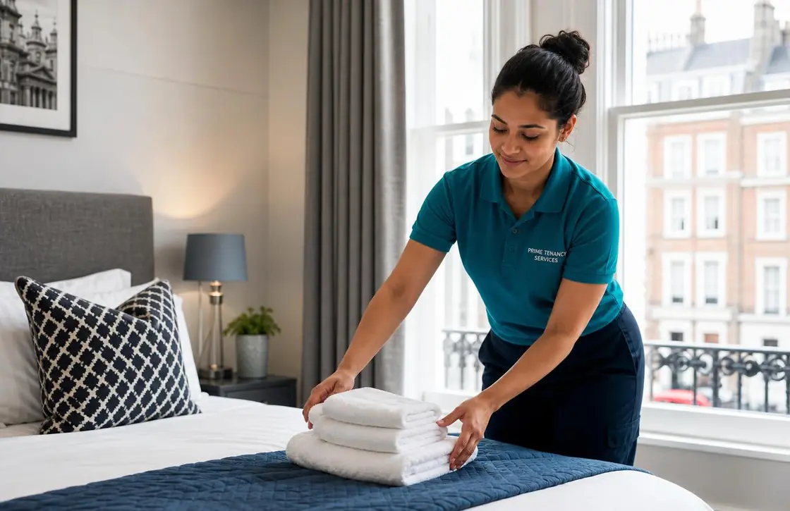 Prime Tenancy Services cleaner preparing a London short-let bedroom
