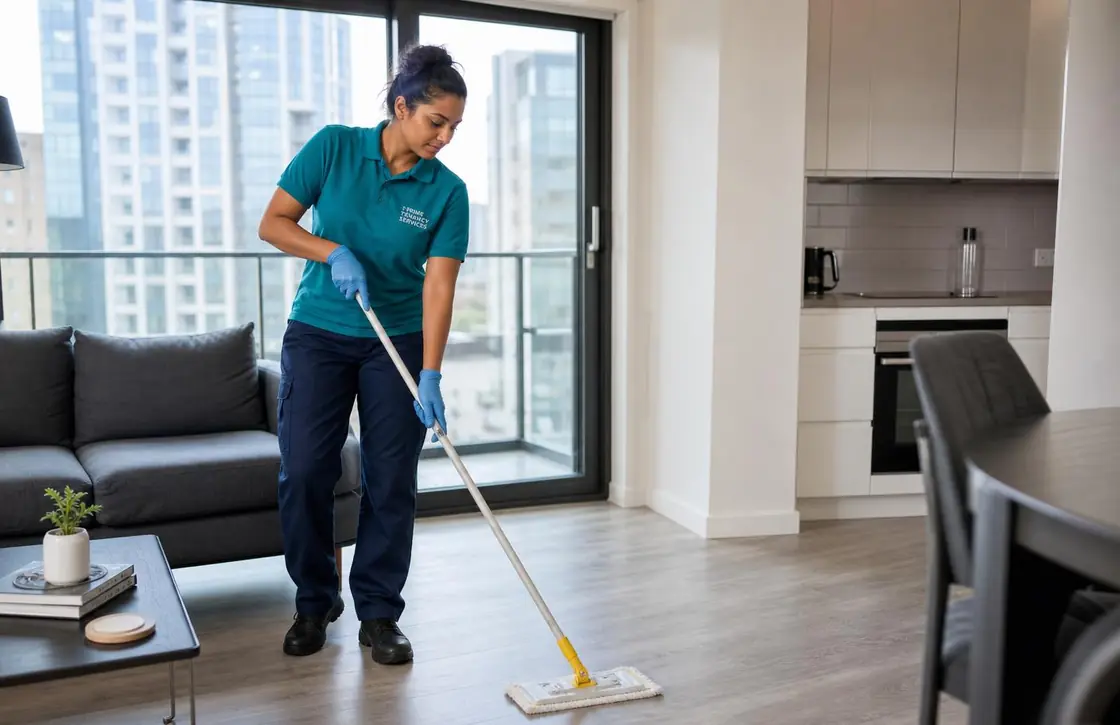 Prime Tenancy Services cleaner mopping a modern London apartment
