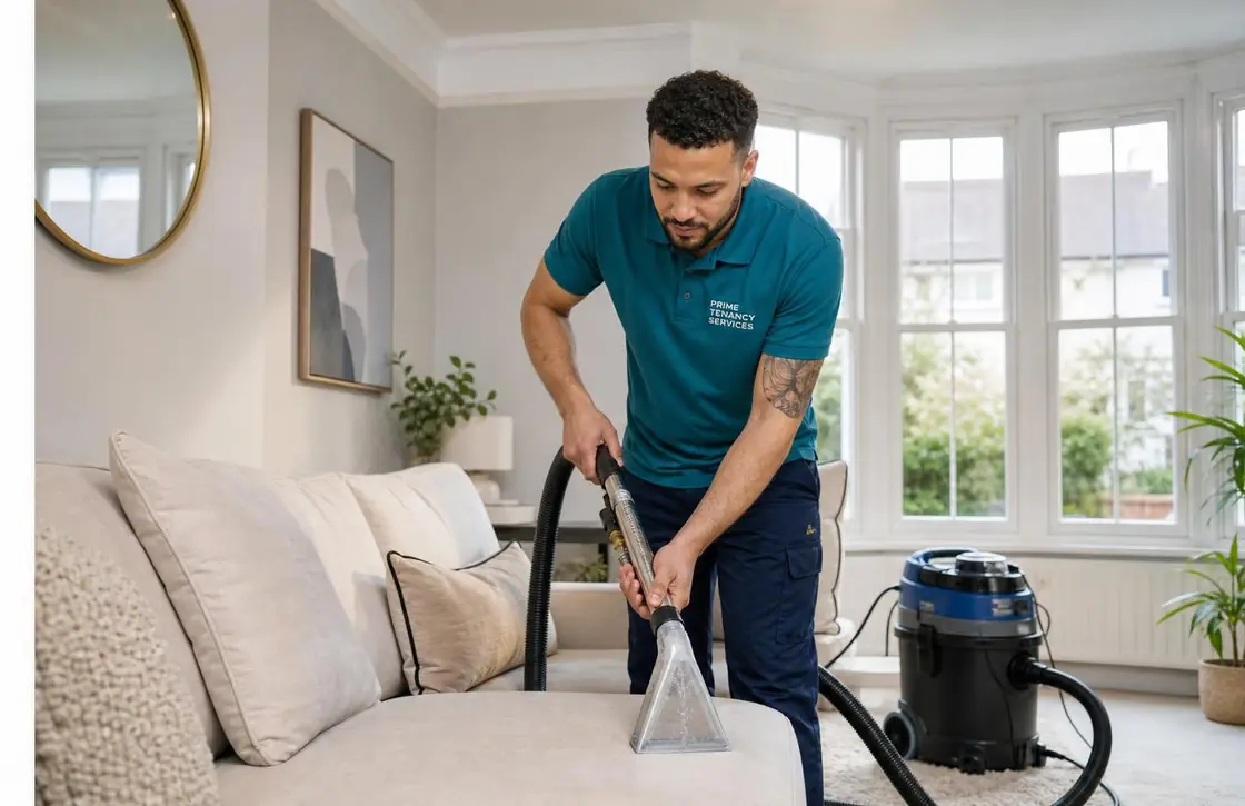 Prime Tenancy Services cleaner shampoo-cleaning a sofa and carpet