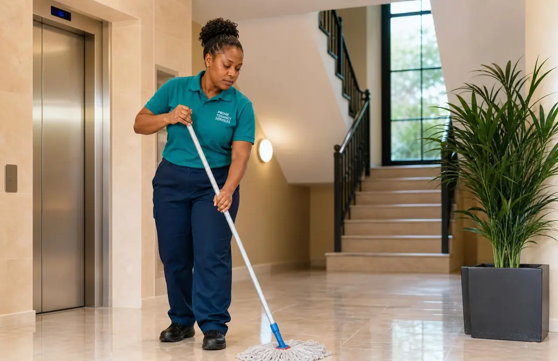 Prime Tenancy Services cleaner mopping a London residential block entrance