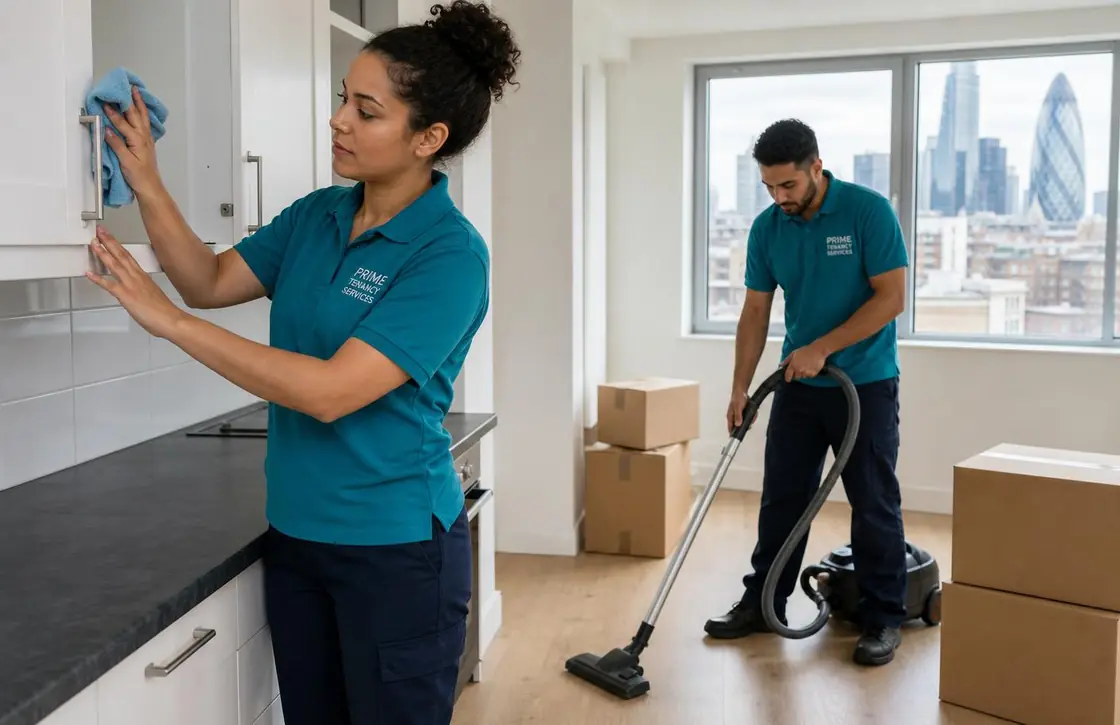 Prime Tenancy Services team cleaning an empty London home during a move