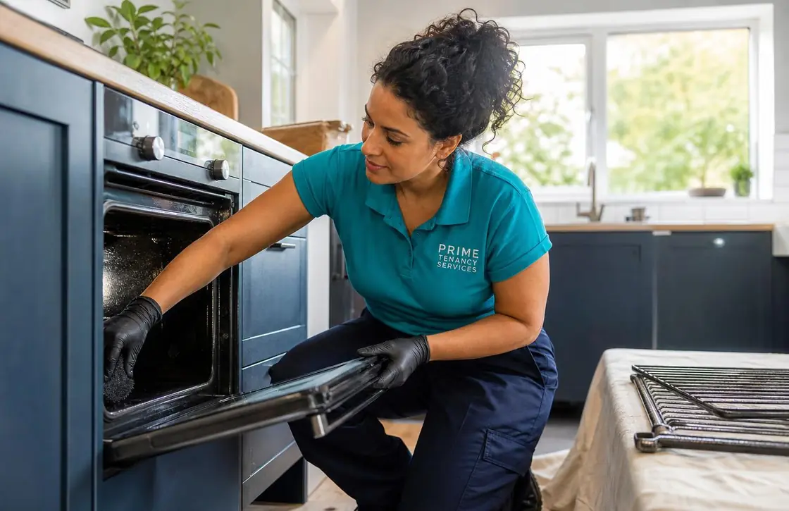 Prime Tenancy Services cleaner deep-cleaning an oven in a British kitchen